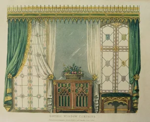 Cortinas de ventana gótica, lámina 161 de Ackermanns Repository of Arts, publicado en 1816